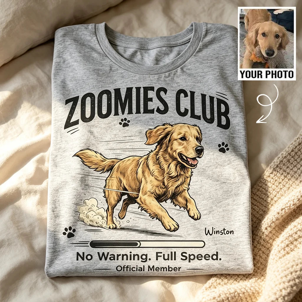 Personalized Classic Tee with Running Dog Illustration, Vintage Zoomies Club Design, Unique Gift for Dog Lovers