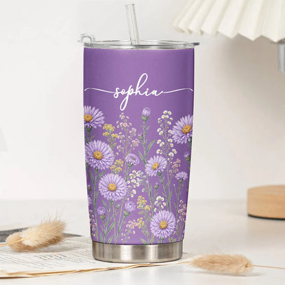 Personalized Insulated Travel Tumbler, Wildflower Keepsake, Creative Gift for Sister or Friend