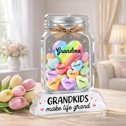 Shaped Acrylic Block Plaque for Grandma, Personalized Grandkids Candy Hearts Keepsake, Cute Home Accent Gift for Grandma
