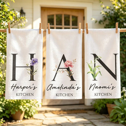 Personalized Birth Flower Kitchen Towel With Monogram, Sunlit Garden Decor, Unique Gift for Home Cooks