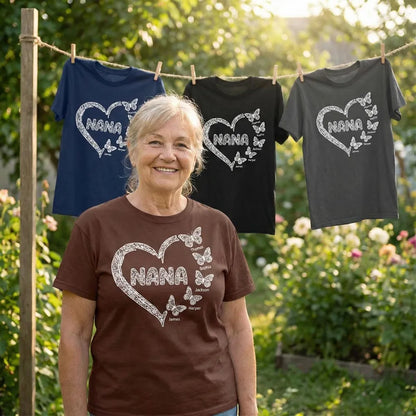 Personalized Classic Tee for Grandma, Lace Heart Nana Butterfly Design, Unique Custom Gift for Mother's Day