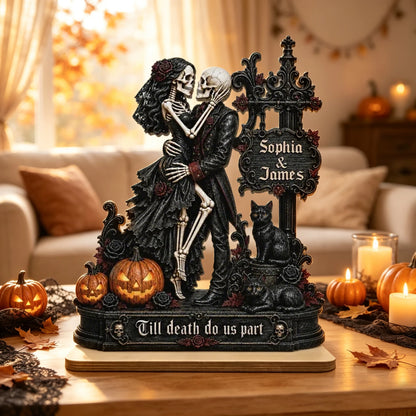 Personalized 2-Layer Wooden Plaque, Skeleton Couple Kissing Halloween Decor, Unique Gift for Couples