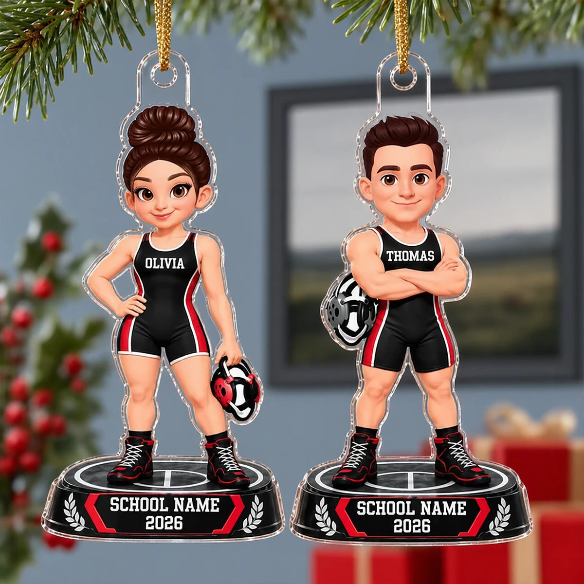 Personalized Acrylic Ornament, Black and Red Cartoon Wrestler Holding Headgear, Unique Christmas Gift for Grandchildren