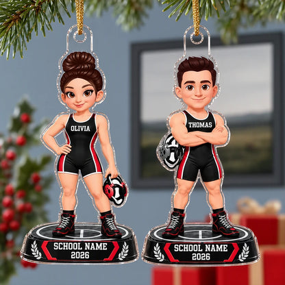 Personalized Acrylic Ornament, Black and Red Cartoon Wrestler Holding Headgear, Unique Christmas Gift for Grandchildren
