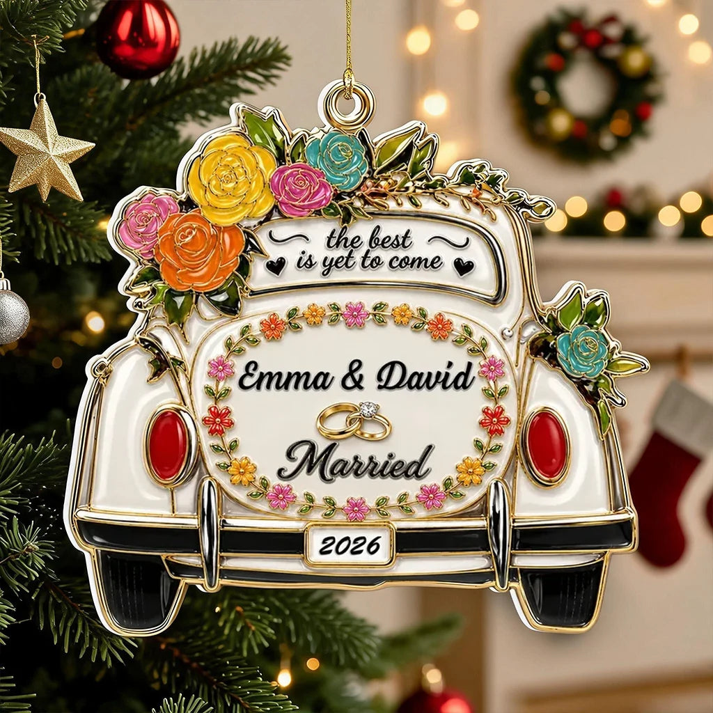 Personalized Acrylic Ornament with Floral Wedding Car, Unique Christmas Gift for Newlyweds