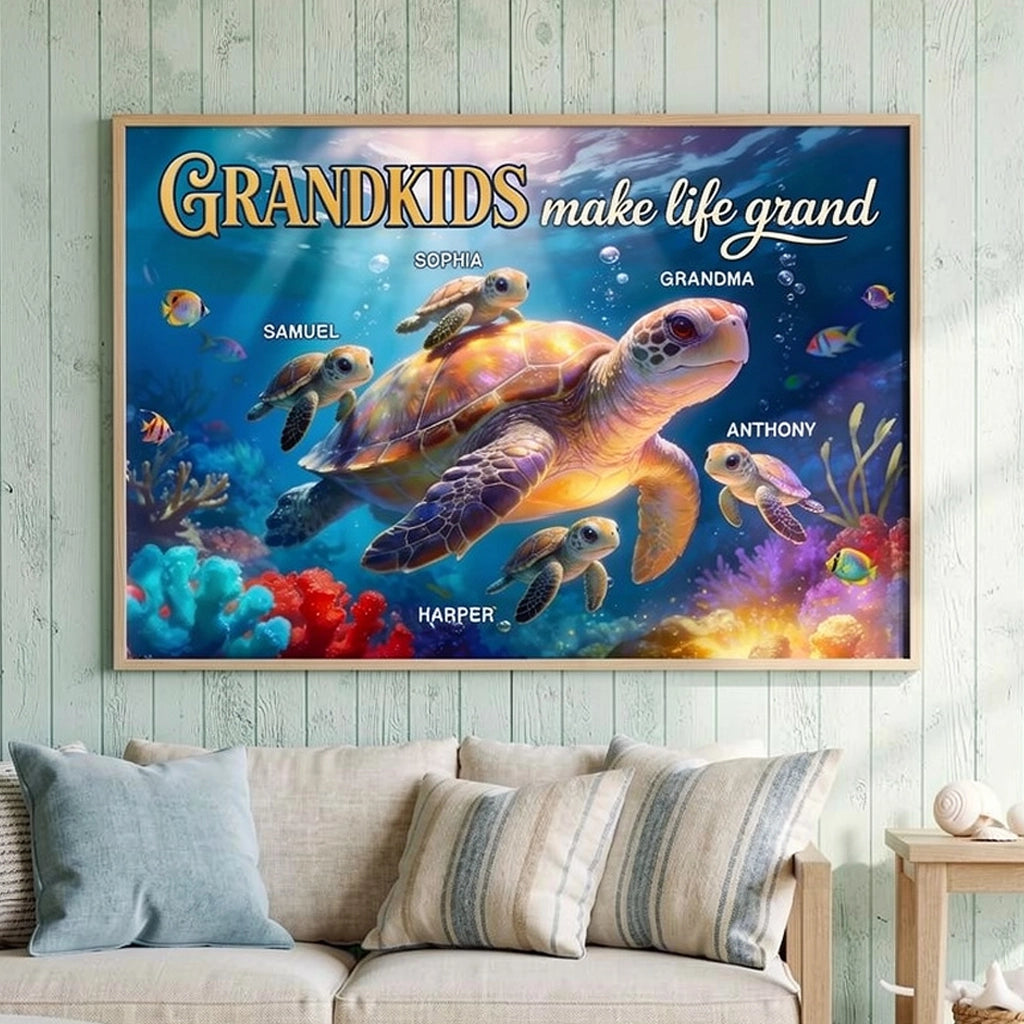 Grandkids Make Life Grand Sea Turtle Poster, Personalized Wall Art for Grandma, Heartwarming Ocean Decor, Creative Gift