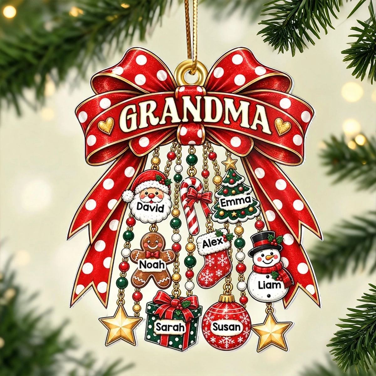 Personalized Acrylic Ornament with Red Bow and Festive Charms, Unique Christmas Gift for Grandma