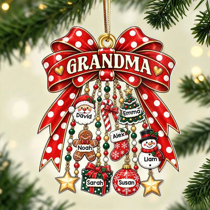 Personalized Acrylic Ornament with Red Bow and Festive Charms, Unique Christmas Gift for Grandma
