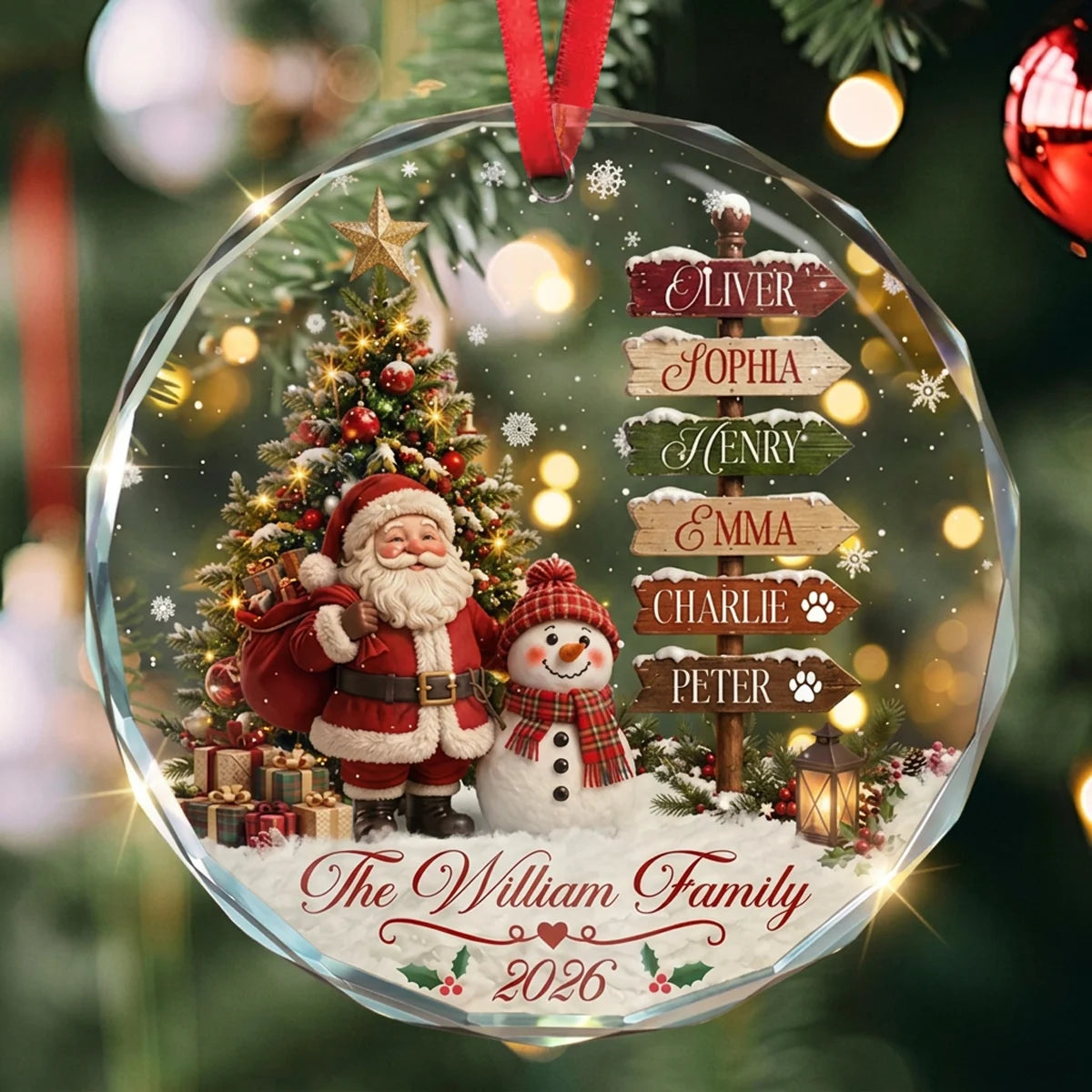Personalized Crystal Ornament with Santa and Snowman Christmas Scene, Unique Family Gift