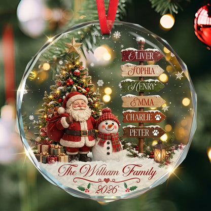 Personalized Crystal Ornament with Santa and Snowman Christmas Scene, Unique Family Gift