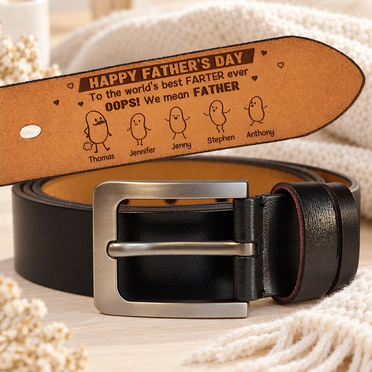 Leather Belt with Personalized Father's Day Message and Cartoon Family, Heartfelt Creative Gift for Dad
