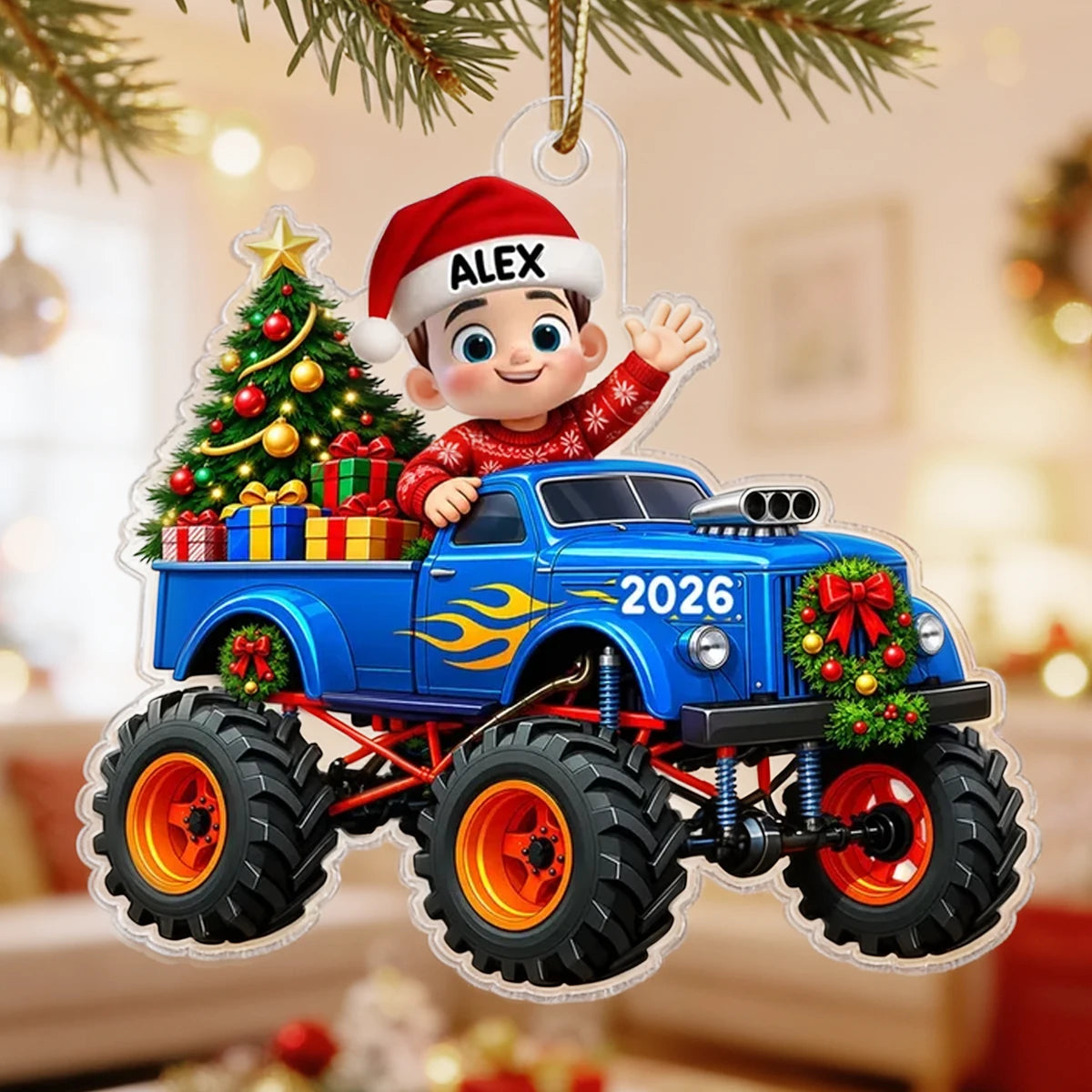 Personalized Acrylic Ornament, Waving Kid in Blue Monster Truck, Colorful Christmas Tree Decor, Unique Gift for Kids