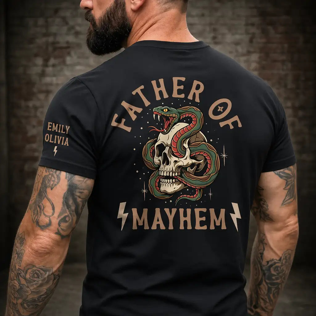 Personalized Classic Tee, Father of Mayhem Skull Snake Graphic, Unique Creative Gift for Dad