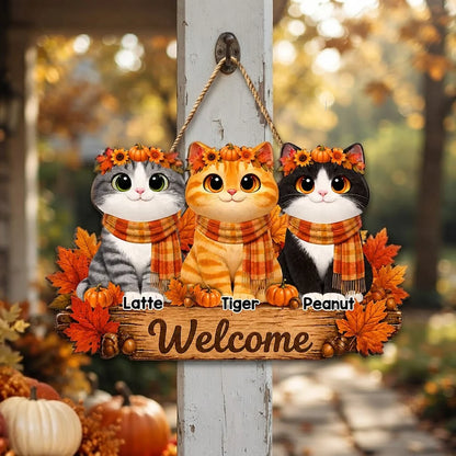 Personalized Wooden Sign, Cozy Cartoon Cats in Autumn Leaves, Creative Housewarming Gift for Cat Owners