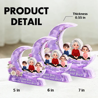 Personalized Shaped Acrylic Block Plaque with Grandma and Grandkids on a Purple Moon, Unique Gift for Grandma, I Love You to the Moon and Back