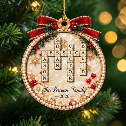 2-Layer Wooden Ornament, Personalized Family Word Search in Red & Gold, Unique Christmas Gift