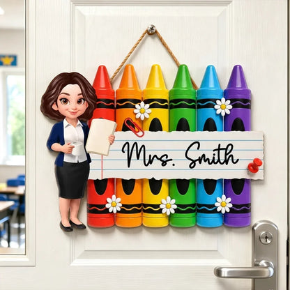 Personalized Wooden Sign, Colorful Crayon Classroom Door Decor, Unique Creative Gift for Teacher