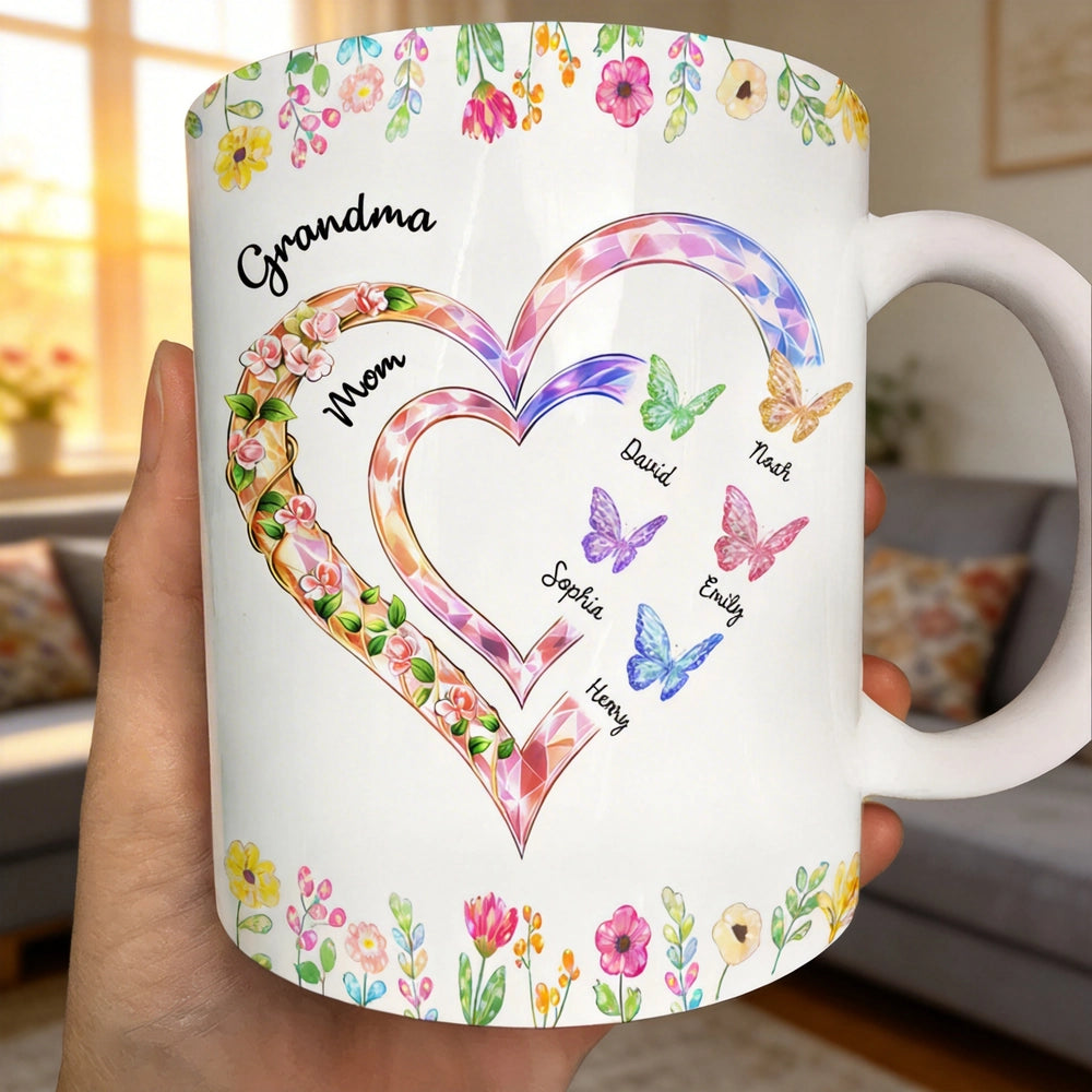 Personalized Ceramic Mug with Crystal Heart for Grandma & Mom, Butterfly Floral Design, Unique Family Gift for Daily Coffee