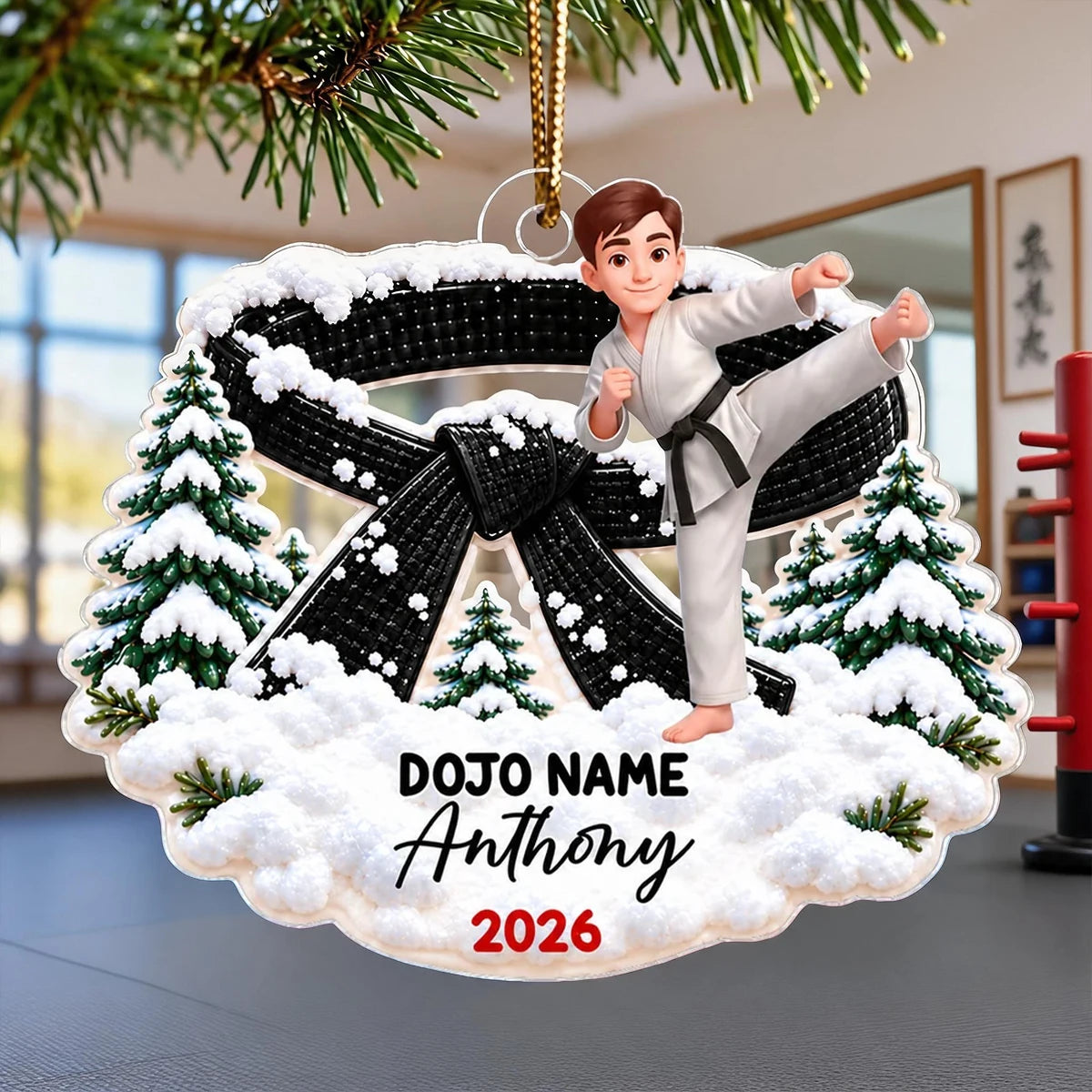 Personalized Karate Acrylic Ornament, High Kick in Snowy Pines, Unique Christmas Gift for Young Martial Artists
