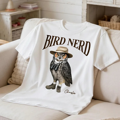 Personalized Bird Nerd Classic Tee with Owl in Hat and Binoculars, Funny Birdwatching Look, Unique Gift for Bird Lover