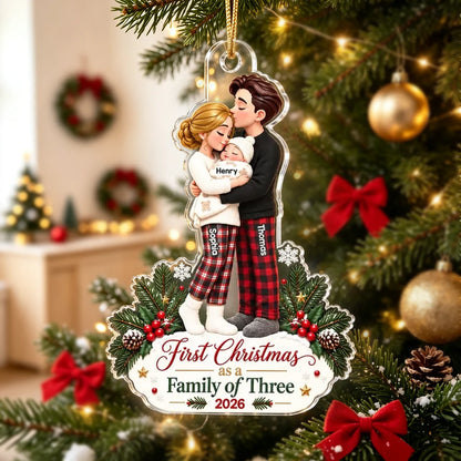 Personalized Acrylic Ornament, Hugging Parents and Baby at Christmas, Unique Gift for New Parents