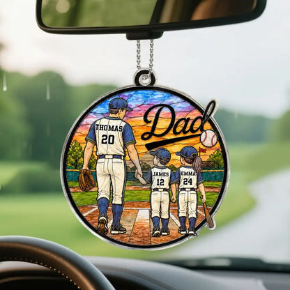 Personalized Acrylic Car Hanger, Baseball Dad & Kids Field Scene, Unique Gift for Dad with Daily Pride
