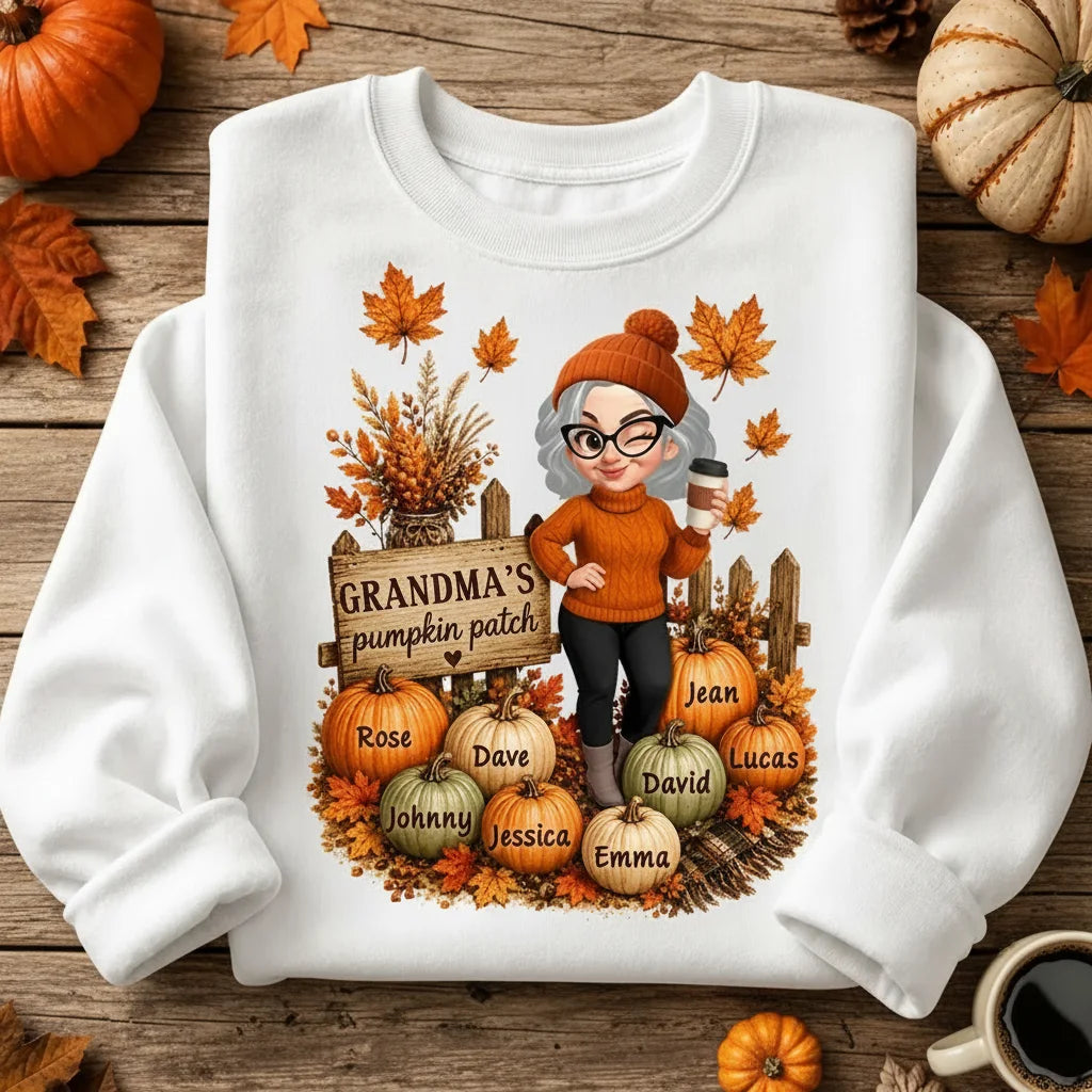 Personalized Classic Tee, Coffee-Holding Grandma in a Warm Orange Pumpkin Patch, Unique Fall Gift for Grandma