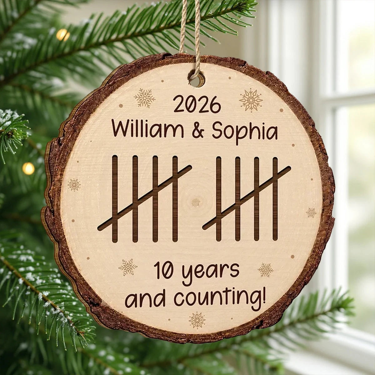 Personalized Wooden Ornament, Custom Couple Anniversary Tally Marks, Rustic Snowflake Unique Gift