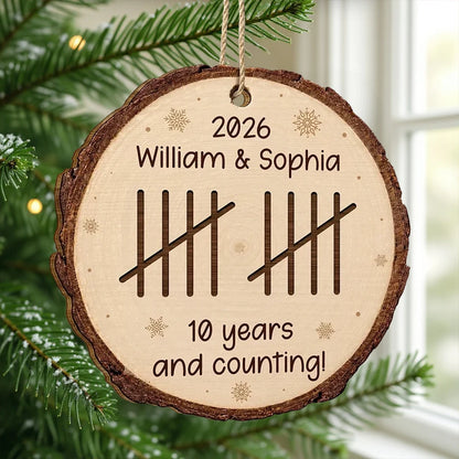 Personalized Wooden Ornament, Custom Couple Anniversary Tally Marks, Rustic Snowflake Unique Gift