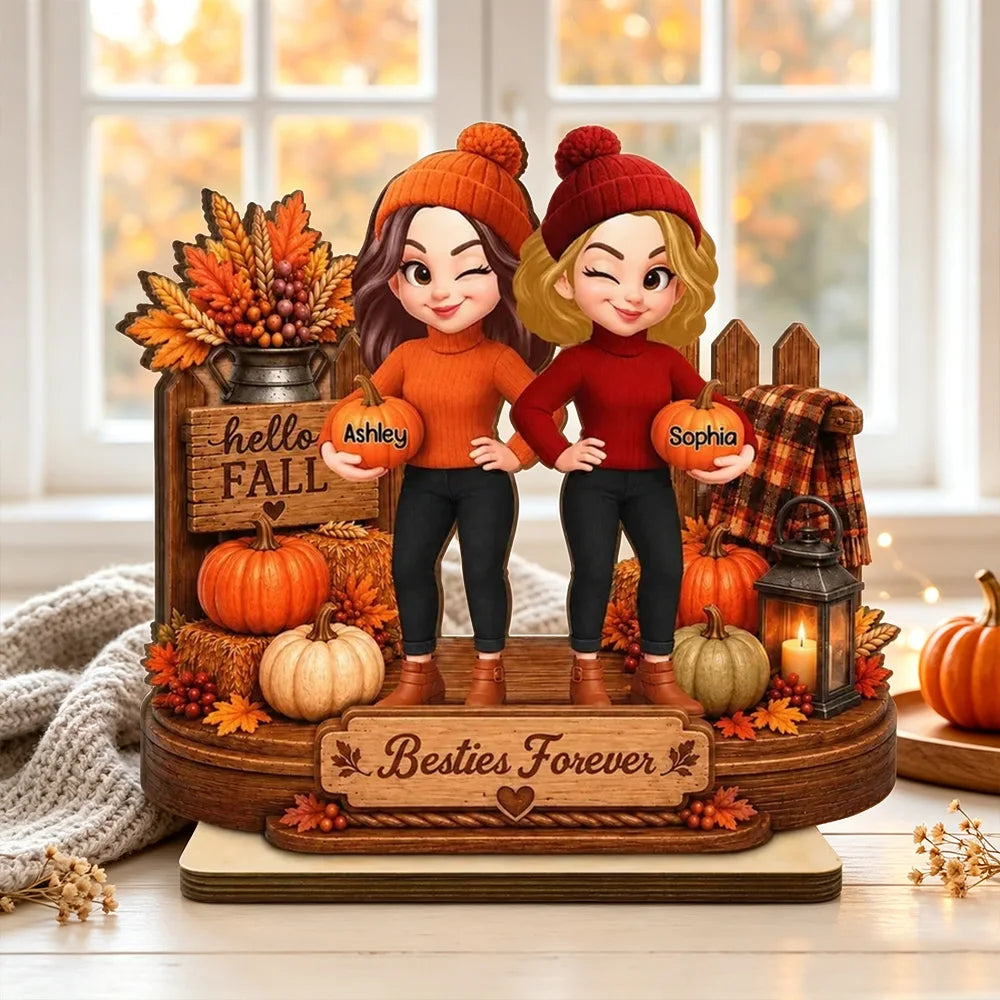 Personalized Wooden Plaque, Winking Besties Holding Pumpkins in a Cozy Fall Scene, Unique Gift for a Close Friend