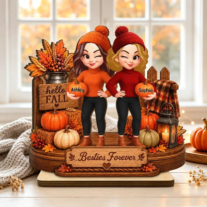Personalized Wooden Plaque, Winking Besties Holding Pumpkins in a Cozy Fall Scene, Unique Gift for a Close Friend