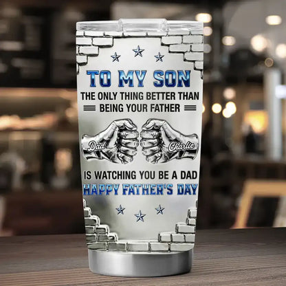 Personalized Insulated Travel Tumbler, Father Son Fist Bump Art, Unique Father's Day Gift for Son