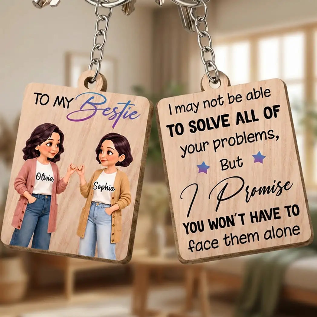 Personalized Wooden Keychain, Pinky Promise Bestie Illustration, Unique Creative Gift for Best Friend