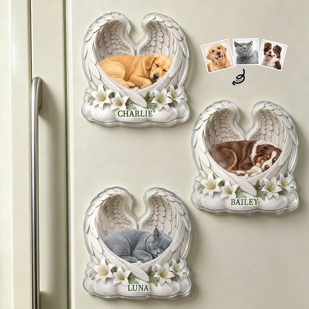 Pet Memorial Acrylic Magnet, Personalized Sleeping Dog or Cat with Angel Wings, Creative Sympathy Gift for Pet Owners