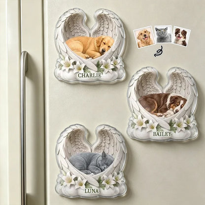 Pet Memorial Acrylic Magnet, Personalized Sleeping Dog or Cat with Angel Wings, Creative Sympathy Gift for Pet Owners