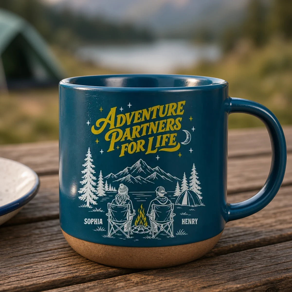 Adventure Partners for Life Personalized Pottery Mug, Mountain Camping Scene, Creative Gift for Your Partner