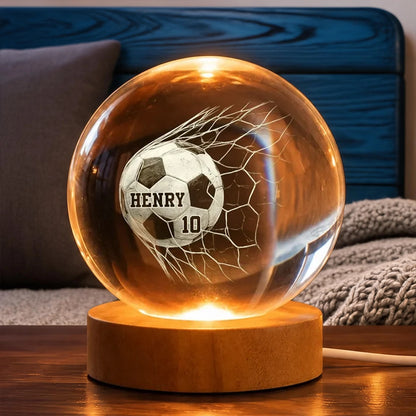 Personalized Globe Lamp, Soccer Ball Hitting the Net in Warm Amber Light, Unique Gift for Soccer Players