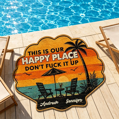 Personalized Shaped Doormat, Tropical Sunset Happy Place, Unique Creative Gift for Couples