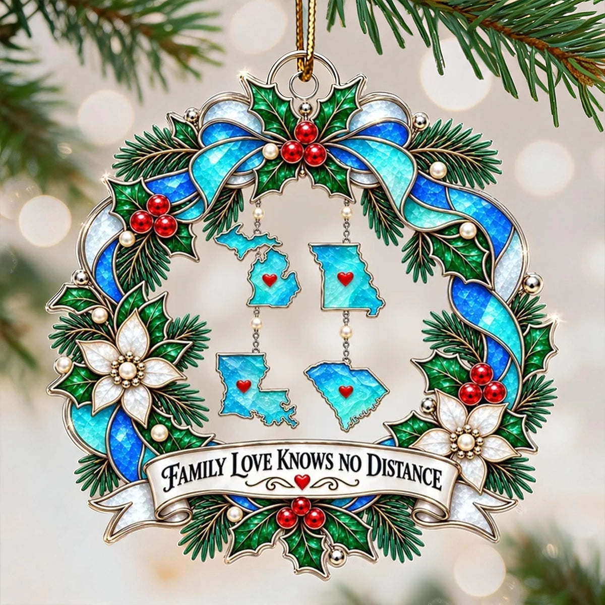 Personalized Acrylic Ornament with State Silhouettes, Blue Christmas Wreath, Unique Gift for Family