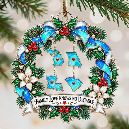 Personalized Acrylic Ornament with State Silhouettes, Blue Christmas Wreath, Unique Gift for Family