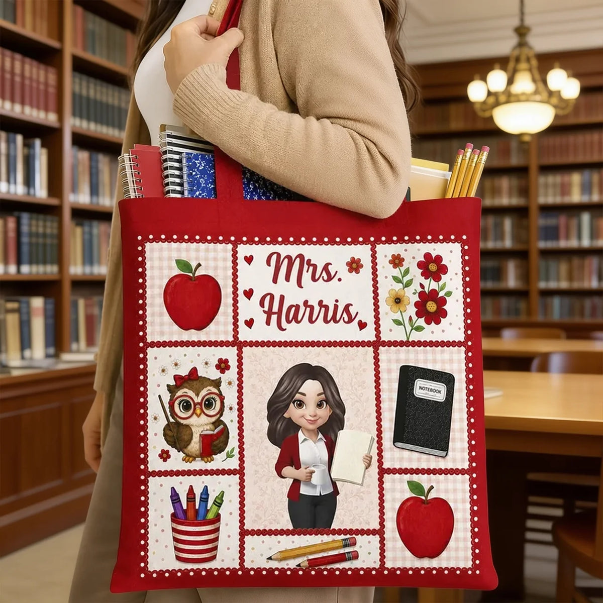 Personalized Teacher Tote Bag With Apple Classroom Art, Unique Gift For Teacher
