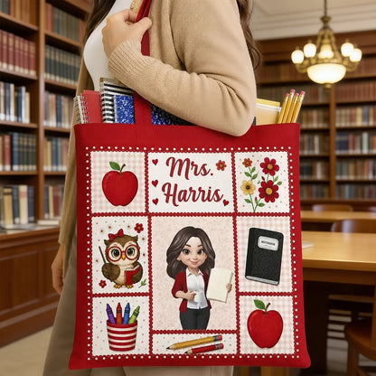 Personalized Teacher Tote Bag With Apple Classroom Art, Unique Gift For Teacher