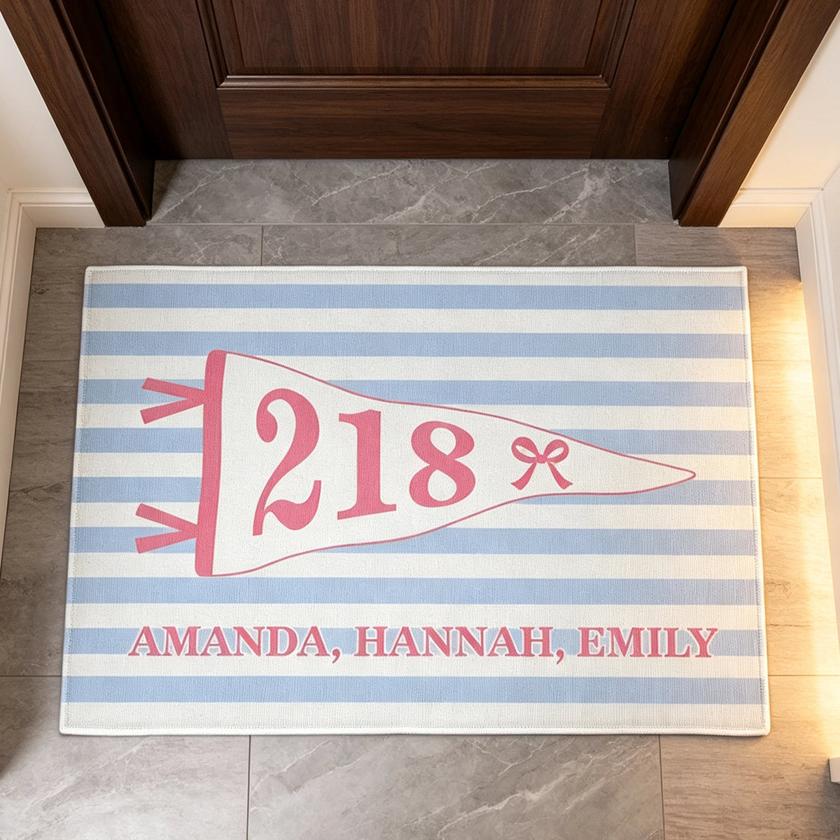 Personalized Doormat With Pastel Blue Stripes & Pink Pennant, Creative Gift For Dorm Room Entry