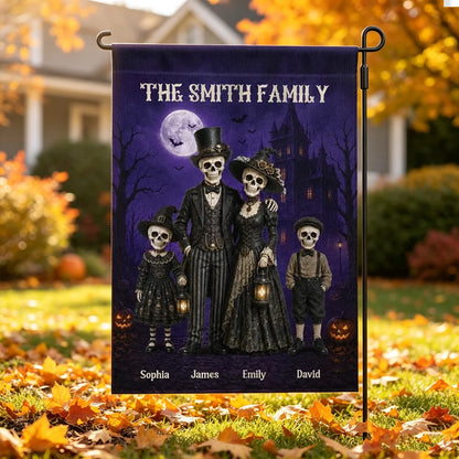 Personalized Garden Flag, Standing Gothic Skeleton Family at a Moonlit Haunted House, Unique Halloween Gift for Families