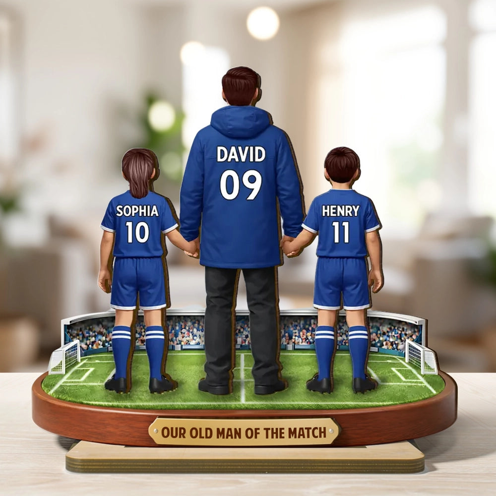 Personalized 2-Layer Wooden Plaque Soccer Dad Holding Kids' Hands Stadium Scene, Unique Father's Day Gift