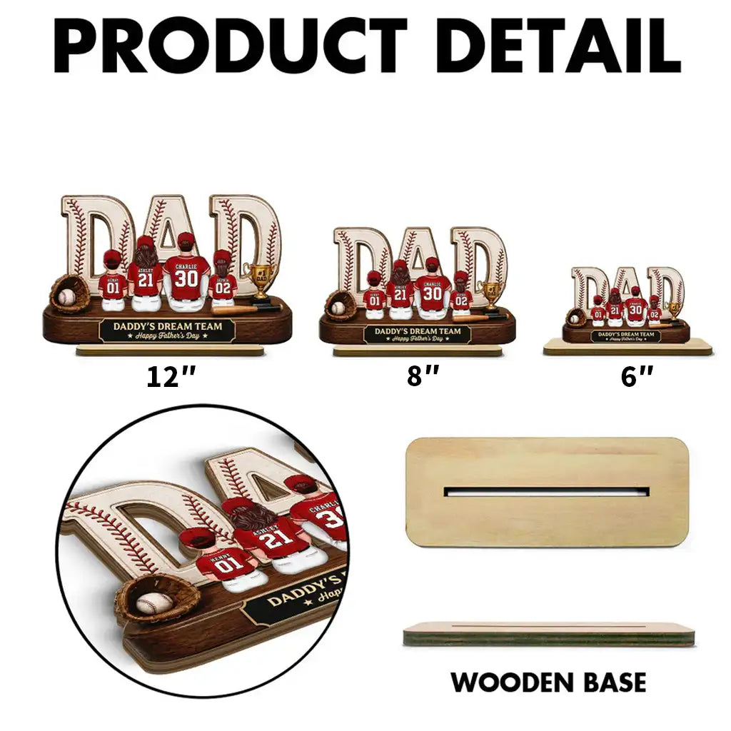 Baseball Daddy's Dream Team Wooden Plaque with Back View Family, Creative Gift for Dad & Baseball Fans