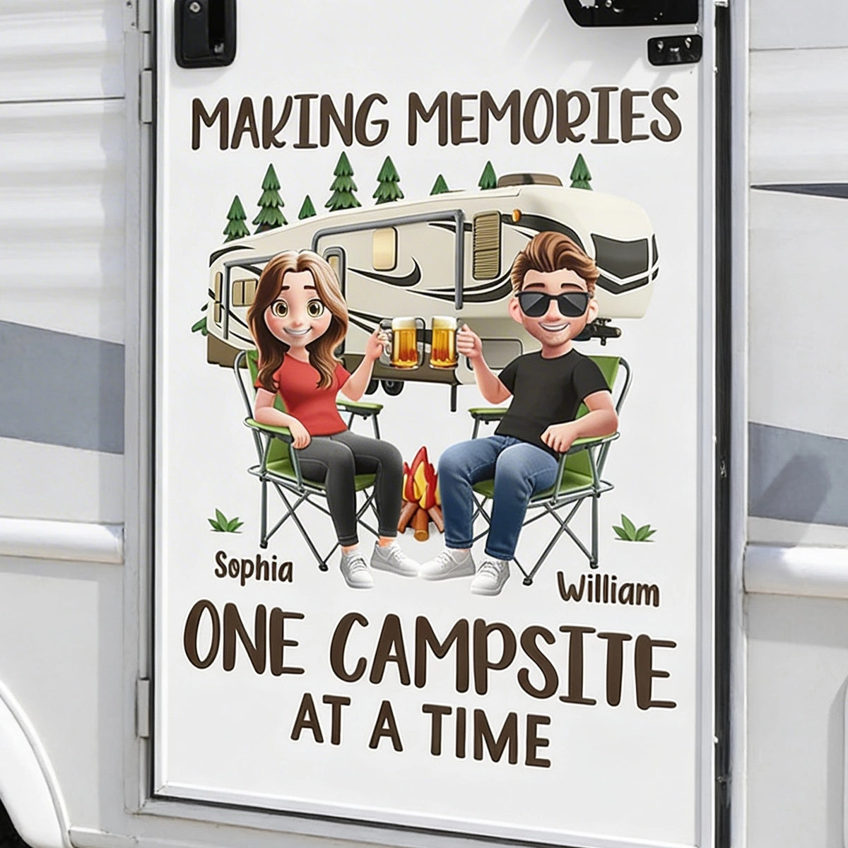 Making Memories One Campsite At A Time Sticker Decal, Personalized Campfire RV Couple Scene, Creative Gift