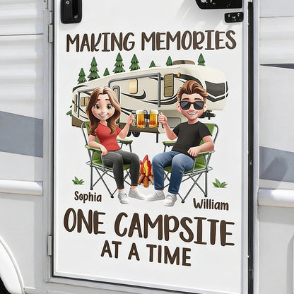 Making Memories One Campsite At A Time Sticker Decal, Personalized Campfire RV Couple Scene, Creative Gift