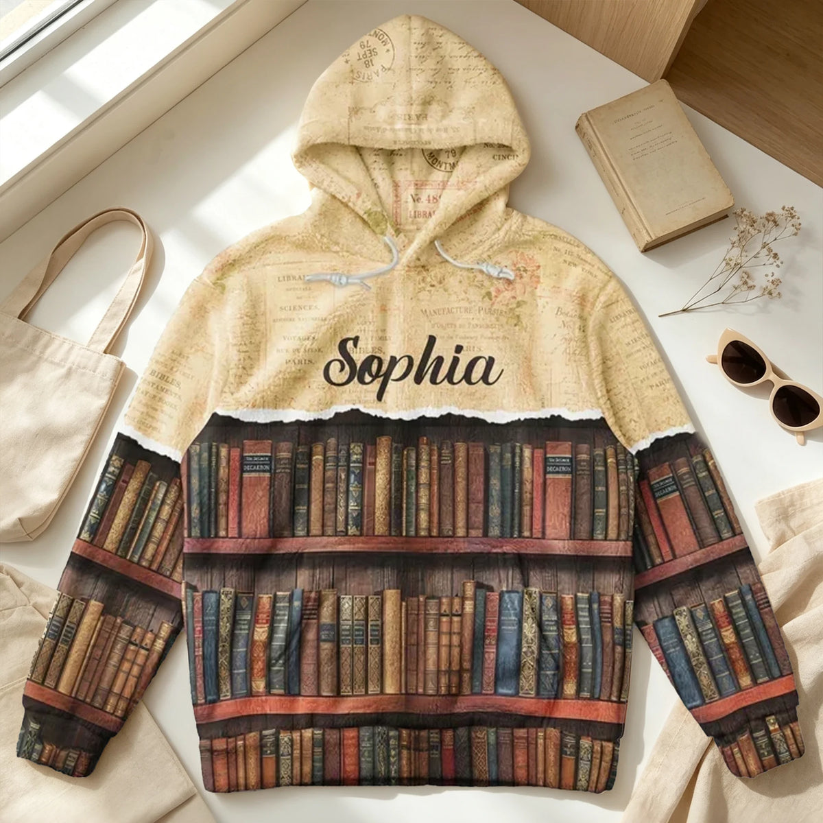Personalized Youth Printed Flannel Hoodie, Vintage Bookshelf Design, Unique Creative Gift for Young Book Lovers