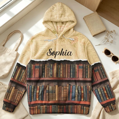 Personalized Youth Printed Flannel Hoodie, Vintage Bookshelf Design, Unique Creative Gift for Young Book Lovers